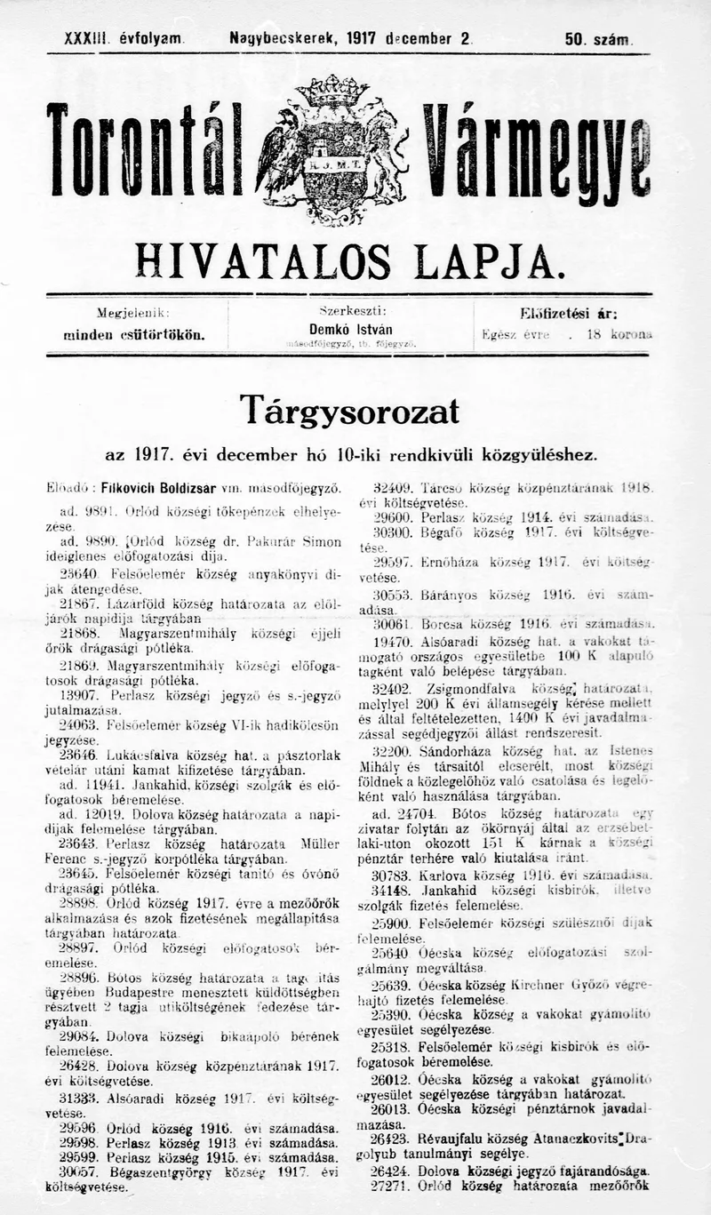 Torontál Vármegye Hivatalos Lapja, 33. évf. 1917. december 2. 50. sz.
