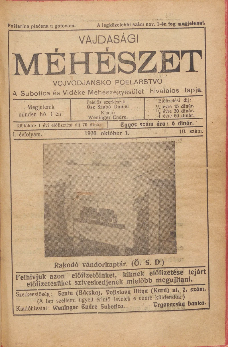 Vajdasági méhészet, 1. évf. 1926. október 1. 10. sz.