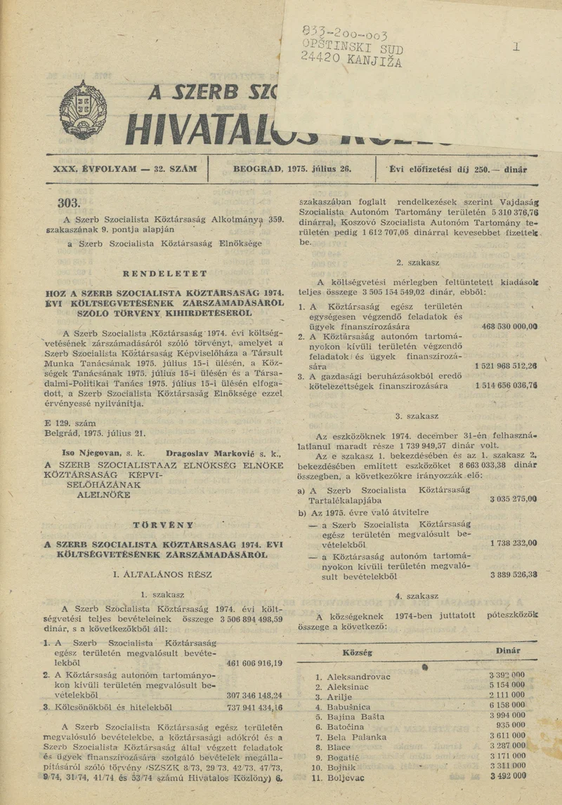 A Szerb Szocialista Köztársaság Hivatalos Közlönye, 31. évf. 1975. július 26. 32. sz. 575–666. oldal
