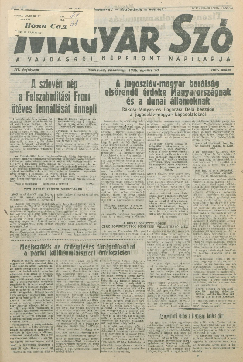 Magyar Szó, 3. évf. 1946. április 28. 100. sz. 1–4. oldal