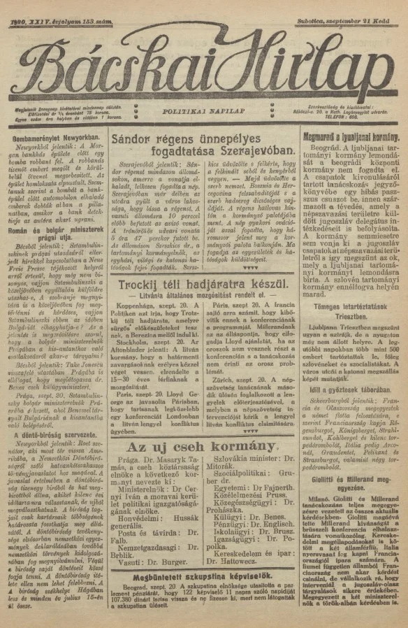 Bácskai Hirlap, 24. évf. 1920. szeptember 21. 153. sz.