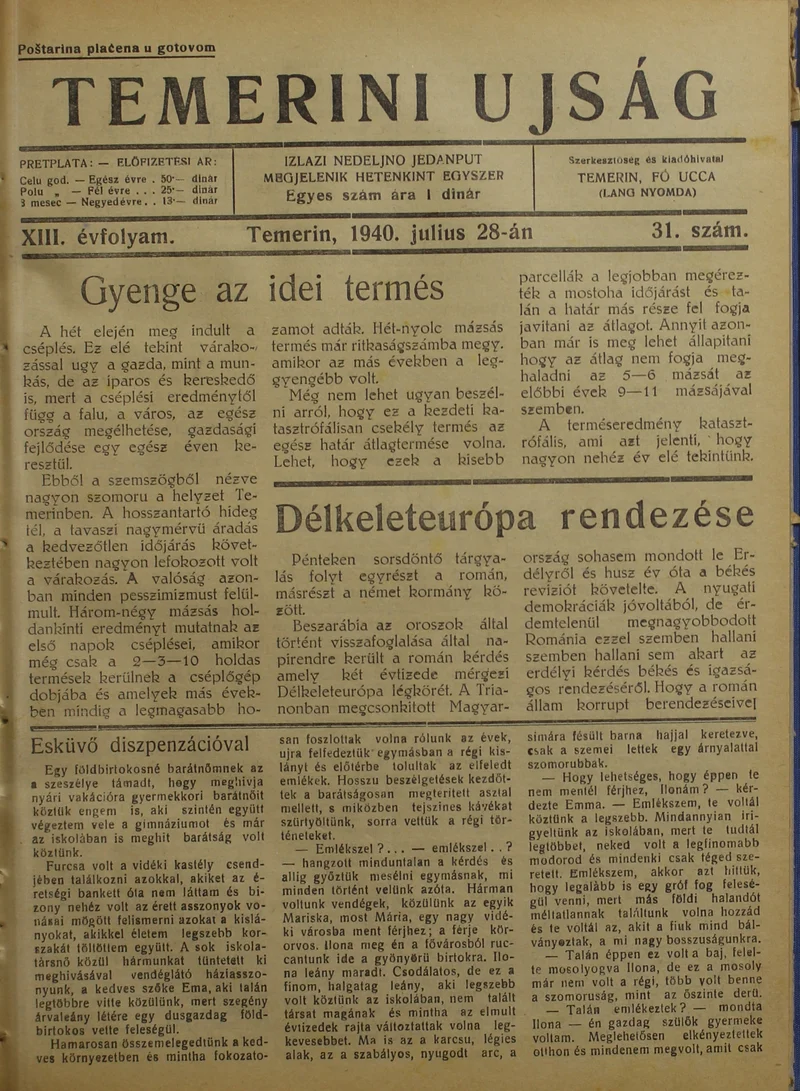 Temerini Újság 1928-1944, 13. évf. 1940. július 28. 31. sz.