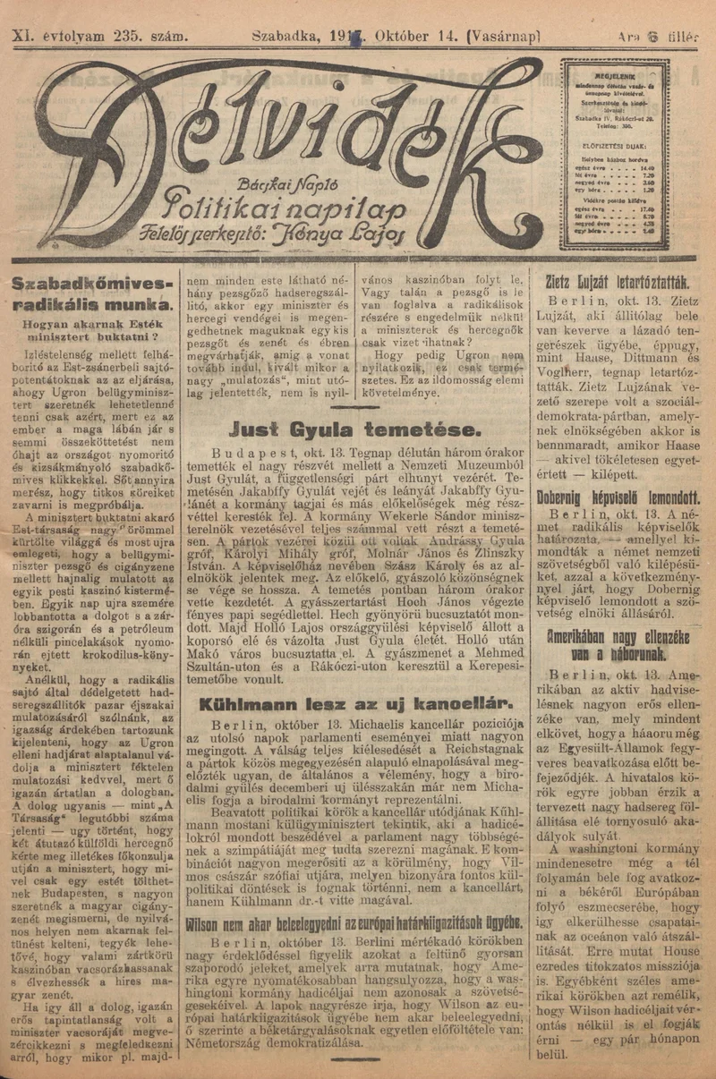 Délvidék, 11. évf. 1917. október 14. 235. sz.