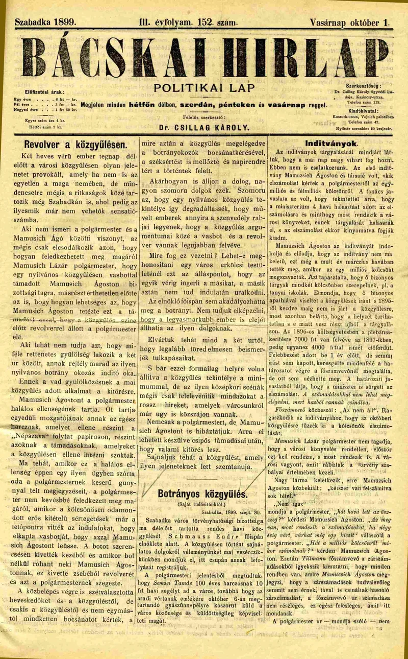Bácskai Hirlap, 3. évf. 1899. október 1. 152. sz.