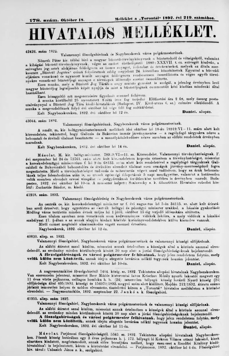 A Totontál  hivatalos melléklete, 5. évf. 1892. október 18. 178. sz.