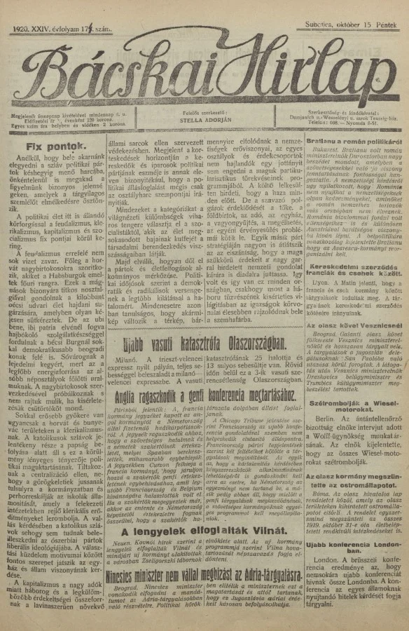 Bácskai Hirlap, 24. évf. 1920. október 15. 174. sz.