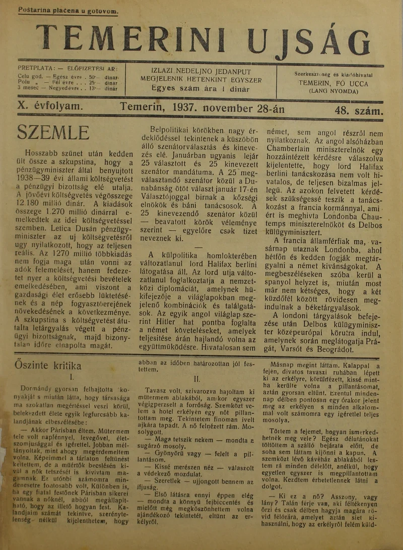 Temerini Újság 1928-1944, 10. évf. 1937. november 28. 48. sz.