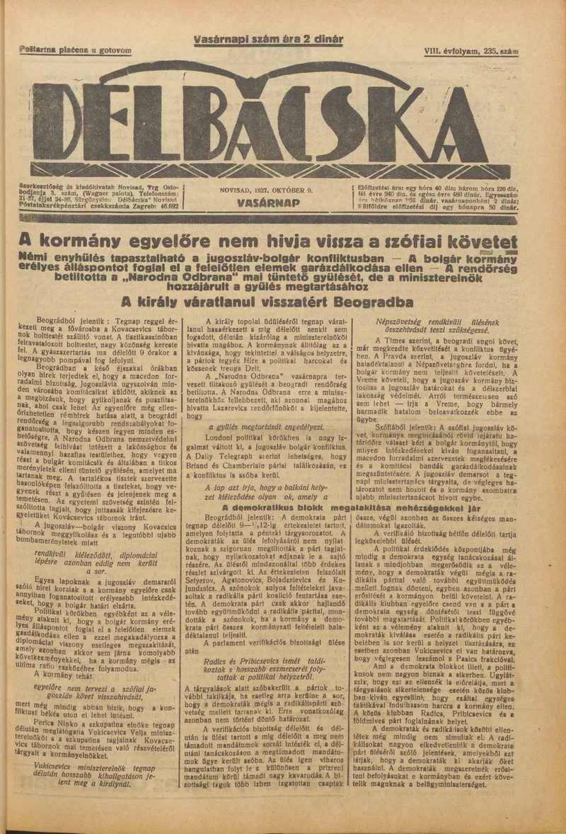 Délbácska, 8. évf. 1927. október 9. 235. sz.