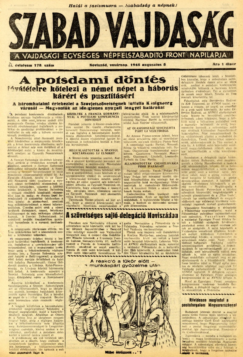 Szabad Vajdaság, 2. évf. 1945. augusztus 5. 178. sz.