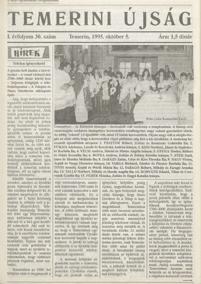 Temerini Újság, 1. évf. 1995. október 5. 30. sz.