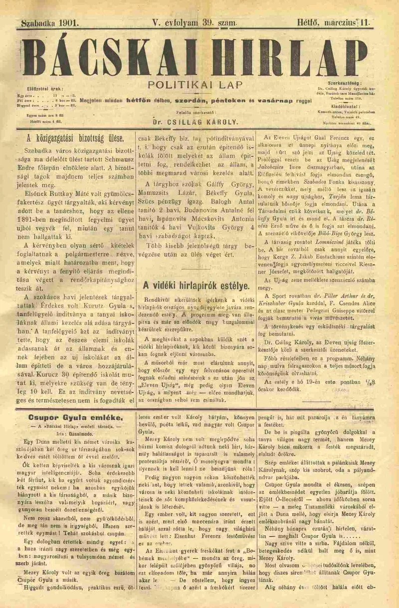 Bácskai Hirlap, 5. évf. 1901. március 11. 39. sz.