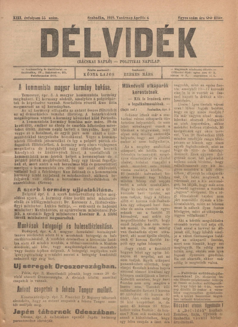 Délvidék, 13. évf. 1919. április 6. 55. sz.