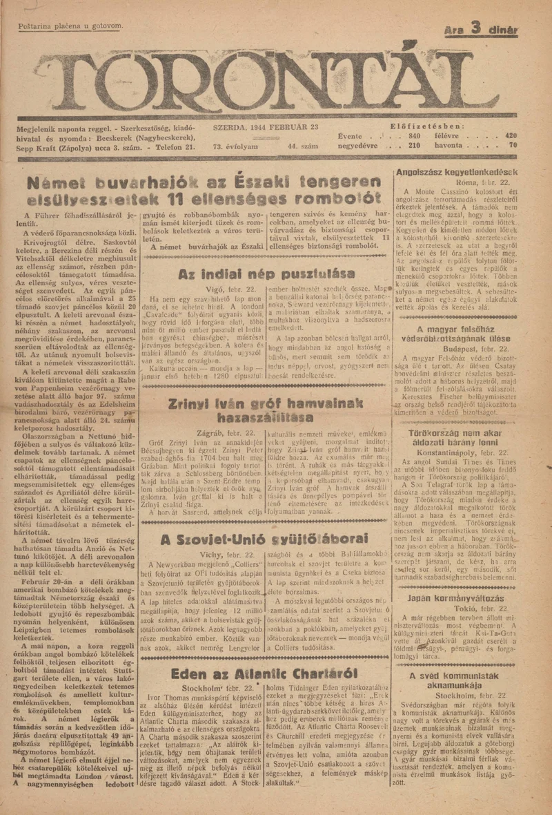 Torontál, 73. évf. 1944. február 23. 44. sz.