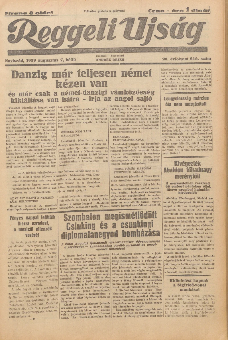 Reggeli Újság, 20. évf. 1939. augusztus 7. 216. sz.