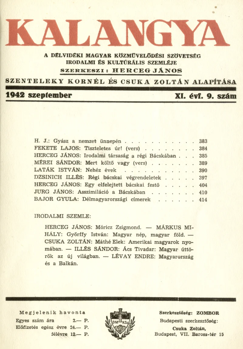 Kalangya, 11. évf. 1942. szeptember. 9. sz. 383–430. oldal