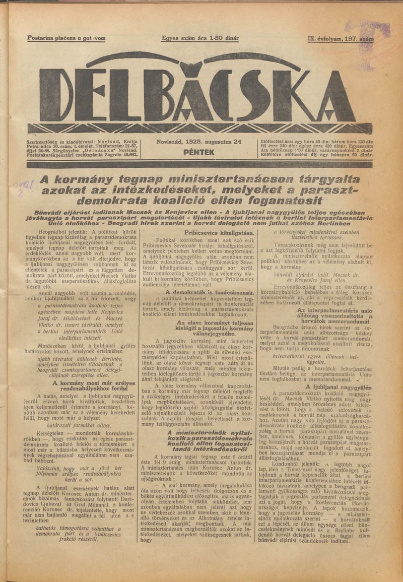 Délbácska, 9. évf. 1928. augusztus 24. 197. sz.