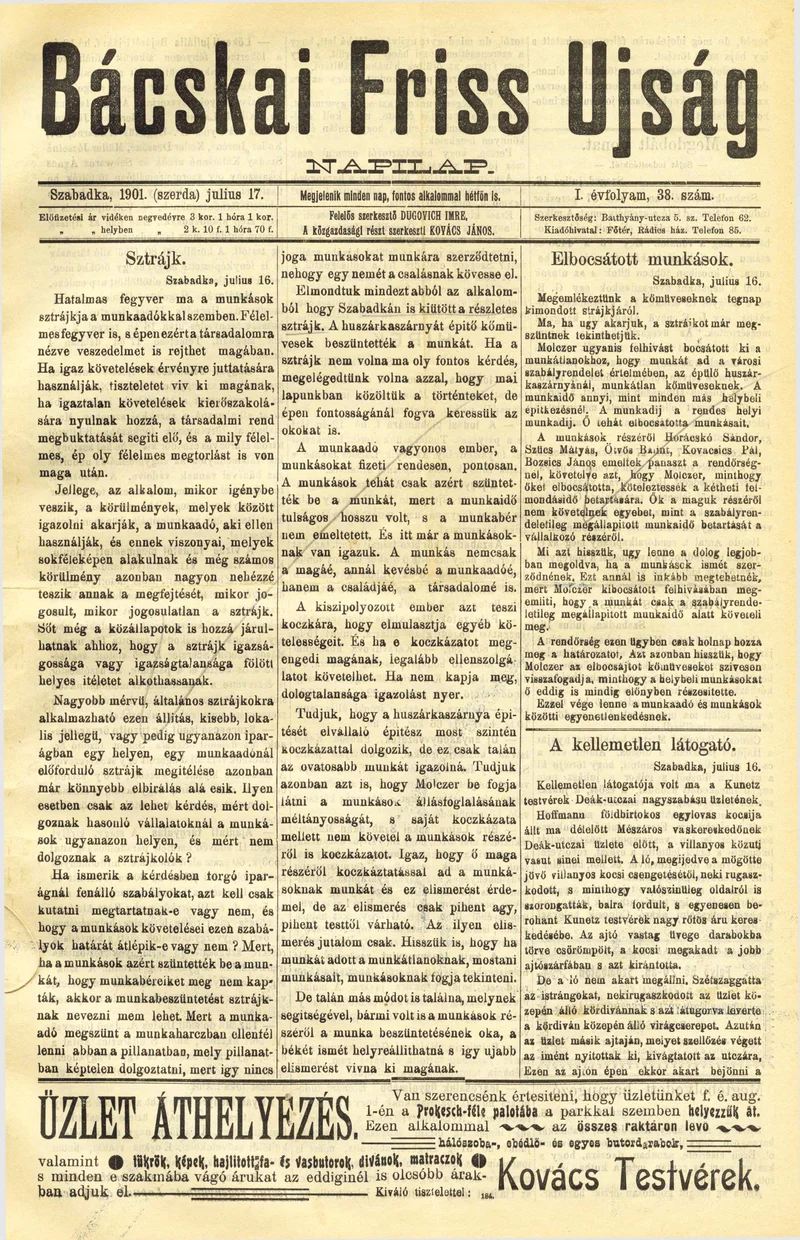 Bácskai Friss Ujság, 1. évf. 1901. július 17. 38. sz.