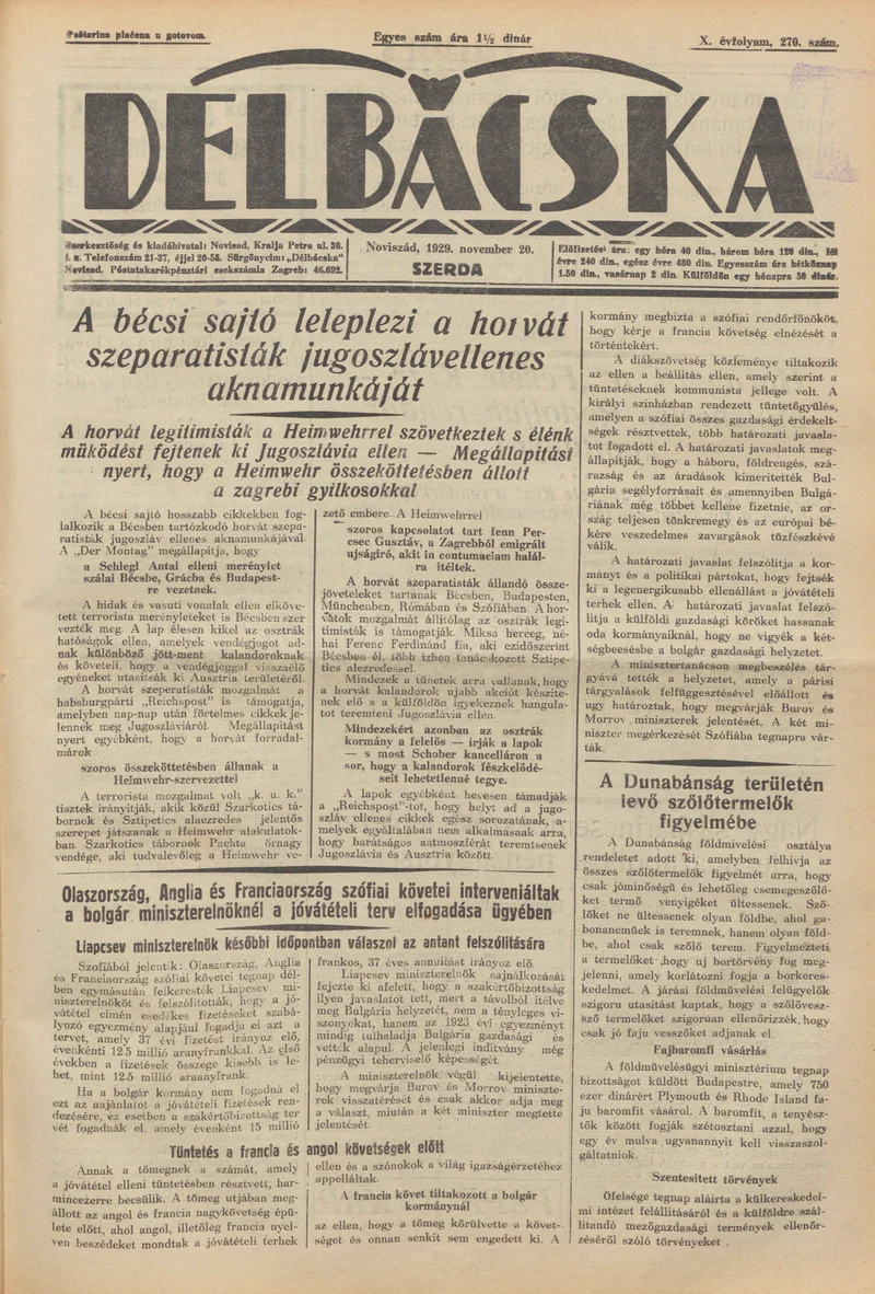 Délbácska, 10. évf. 1929. november 20. 270. sz.