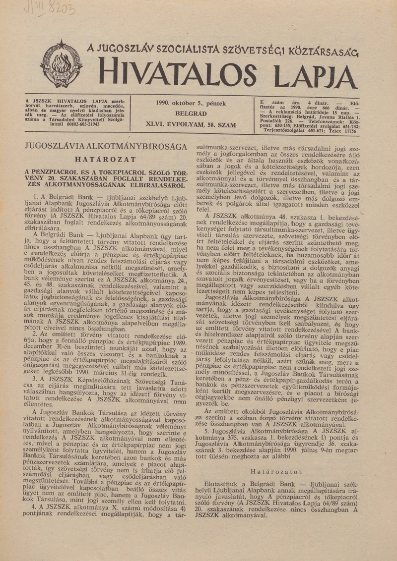 A Jugoszláv Szocialista Szövetségi Köztársaság Hivatalos Lapja, 46. évf. 1990. október 5. 58. sz. 1825–1828. oldal