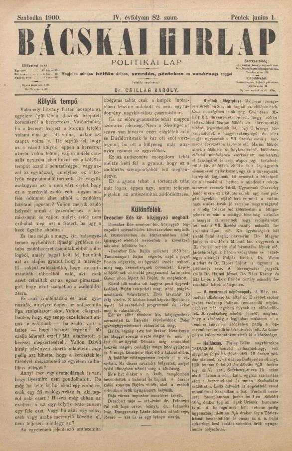 Bácskai Hirlap, 4. évf. 1900. június 1. 82. sz.