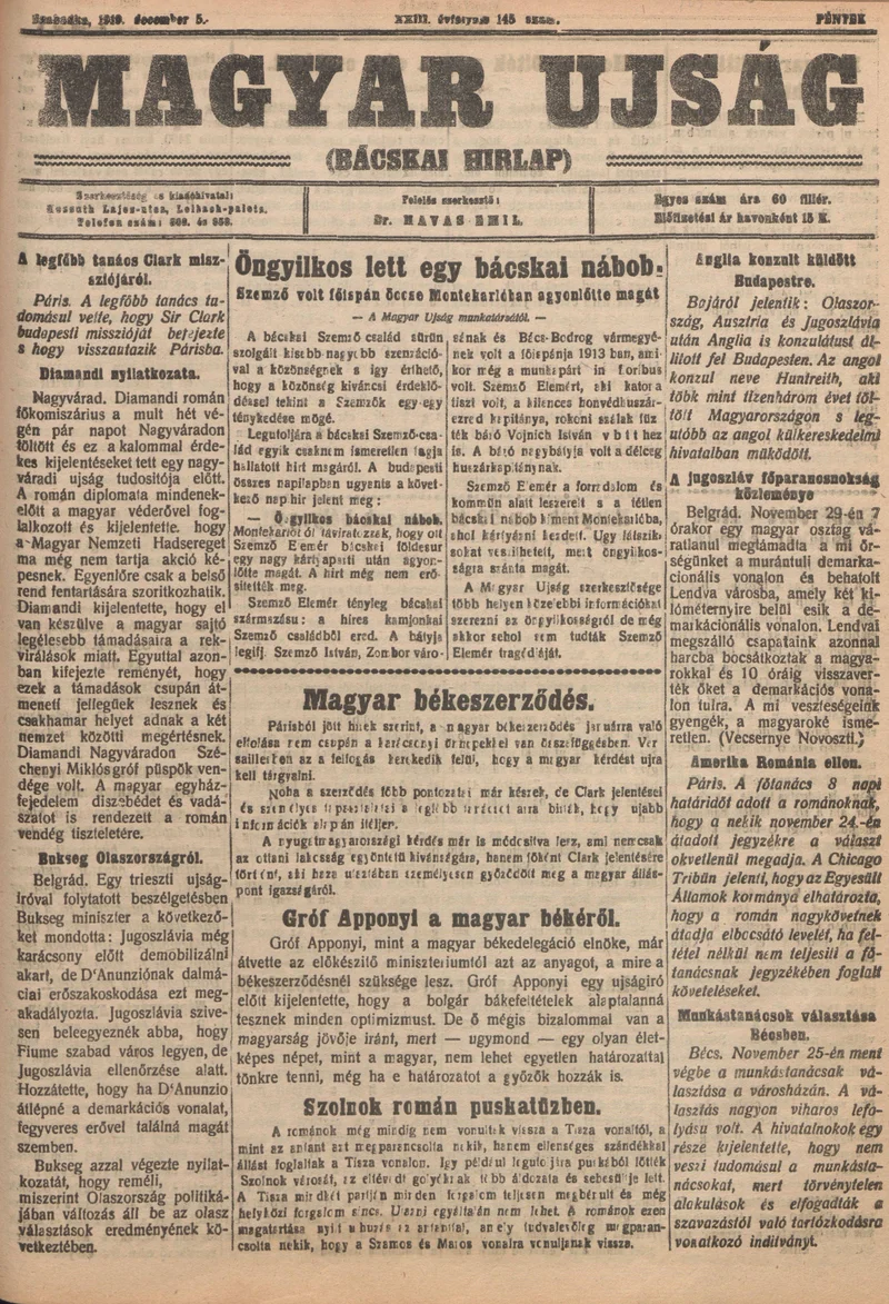 Bácskai Hirlap, 23. évf. 1919. december 5. 145. sz.