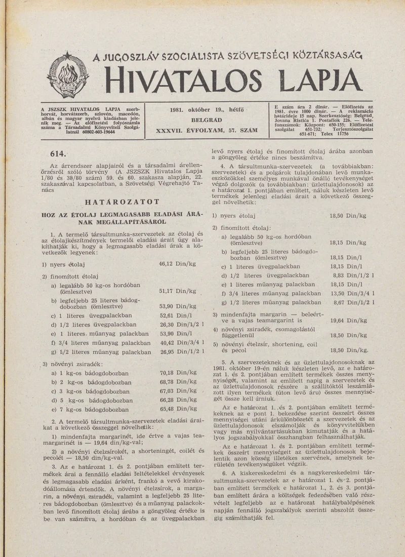 A Jugoszláv Szocialista Szövetségi Köztársaság Hivatalos Lapja, 37. évf. 1981. október 19. 57. sz. 1493–1496. oldal