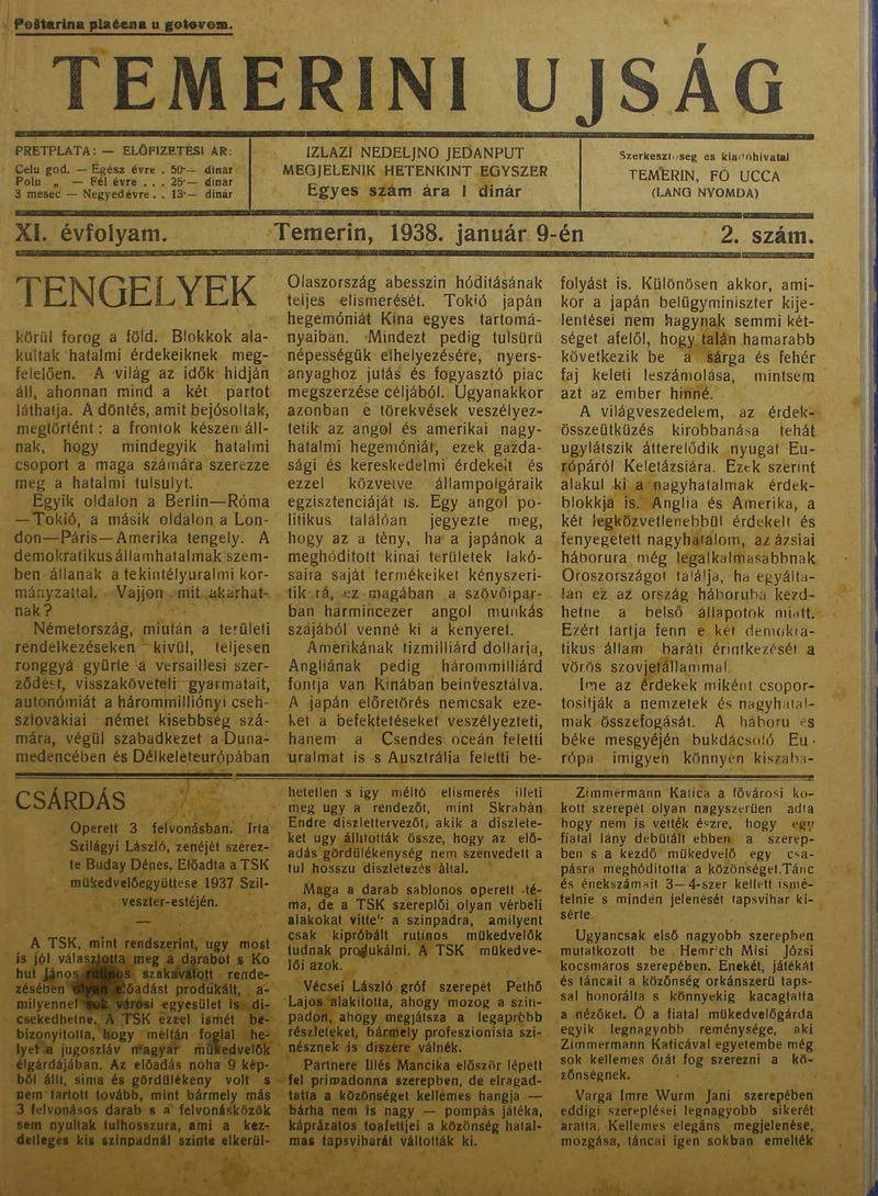 Temerini Újság 1928-1944, 11. évf. 1938. január 9. 2. sz.