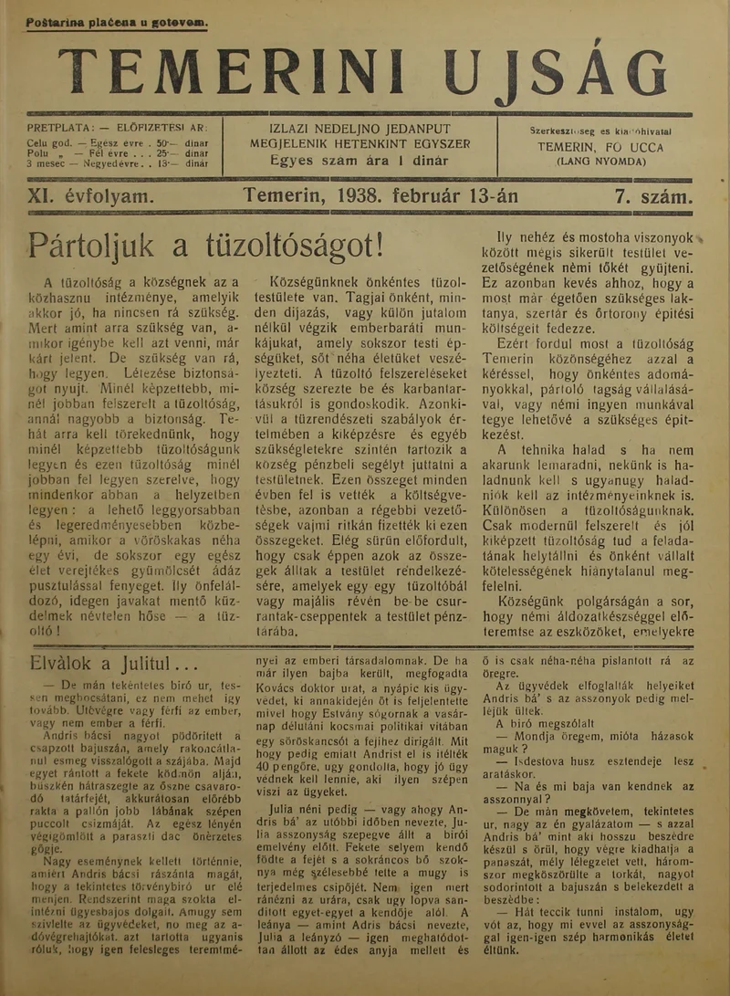 Temerini Újság 1928-1944, 11. évf. 1938. február 13. 7. sz.