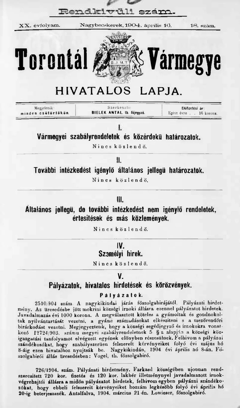 Torontál Vármegye Hivatalos Lapja, 20. évf. 1904. április 16. 18. sz.
