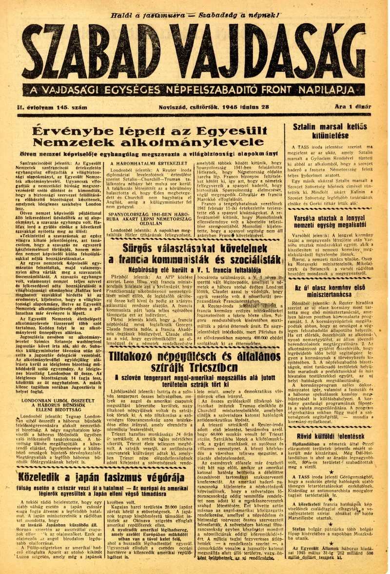Szabad Vajdaság, 2. évf. 1945. június 28. 145. sz.