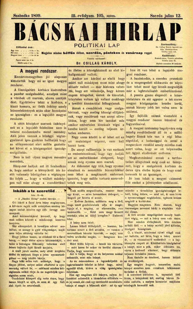 Bácskai Hirlap, 3. évf. 1899. július 12. 105. sz.
