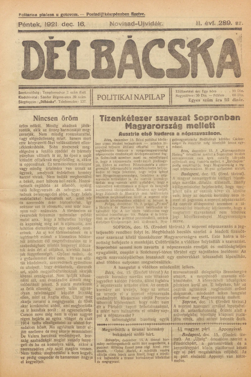 Délbácska, 2. évf. 1921. december 16. 289. sz.