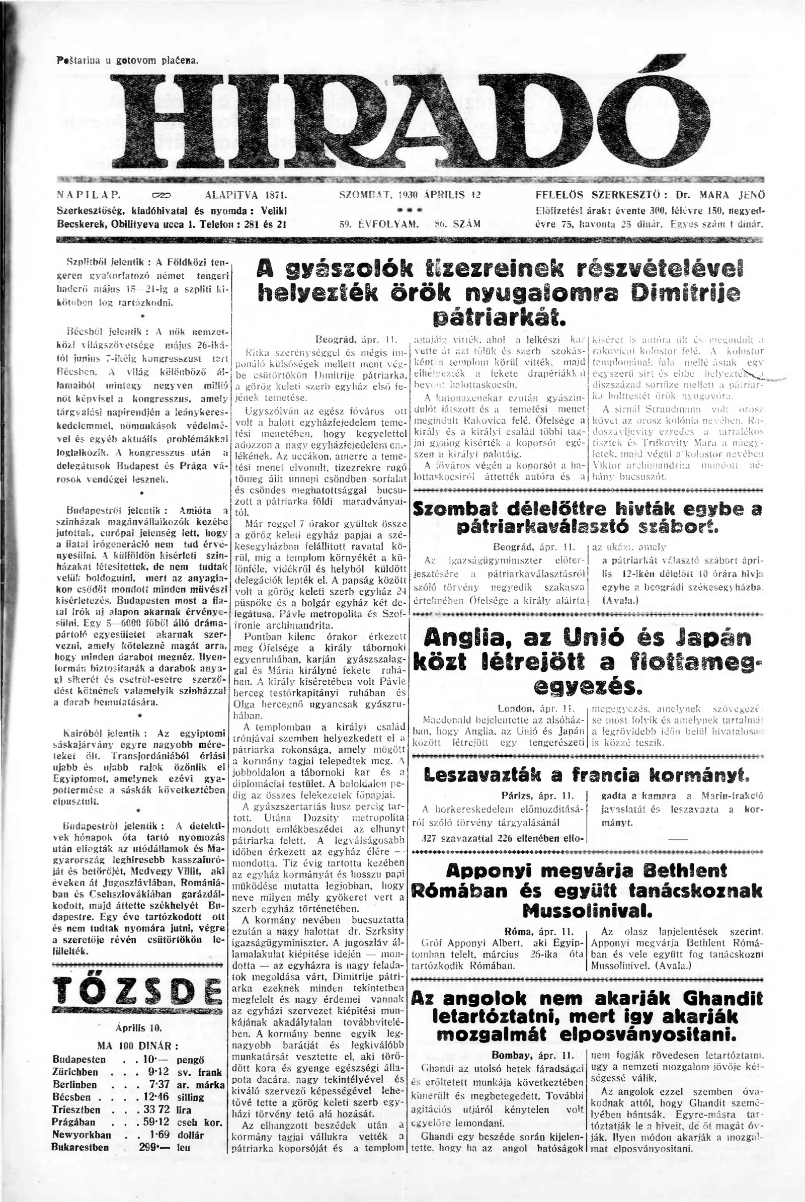 Híradó, 59. évf. 1930. április 12. 86. sz.