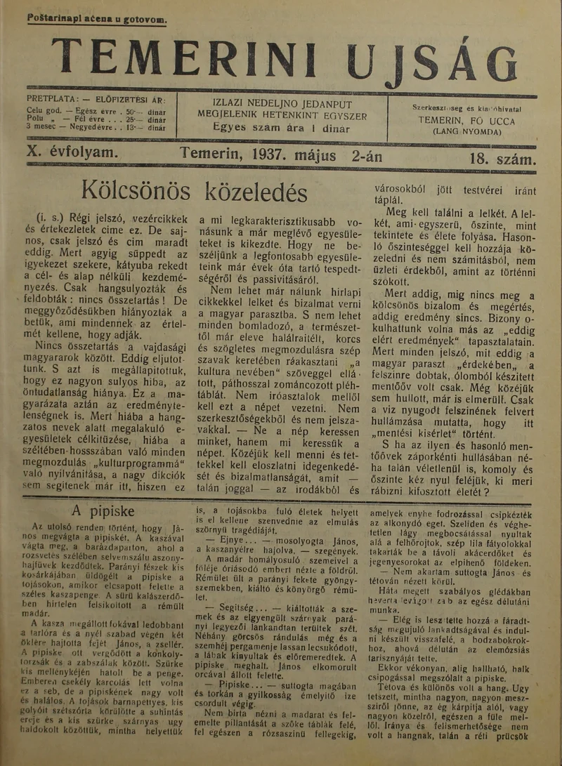 Temerini Újság 1928-1944, 10. évf. 1937. május 2. 18. sz.