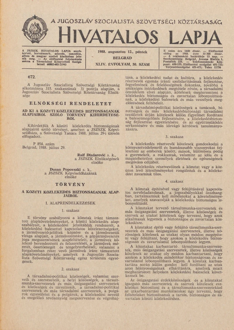 A Jugoszláv Szocialista Szövetségi Köztársaság Hivatalos Lapja, 44. évf. 1988. augusztus 12. 50. sz. 1337–1372. oldal