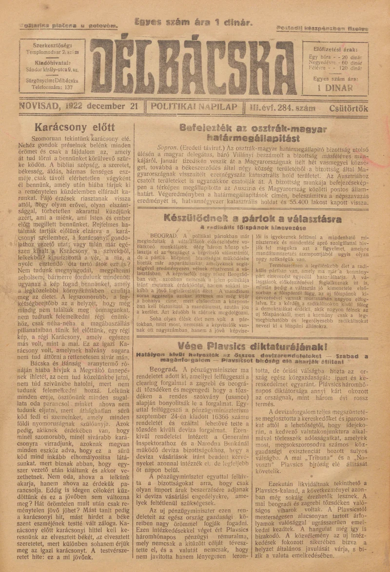 Délbácska, 3. évf. 1922. december 21. 284. sz.
