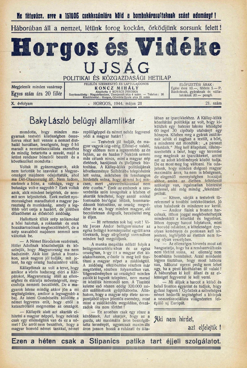 Horgos és vidéke, 9. évf. 1944. május 21. 21. sz.