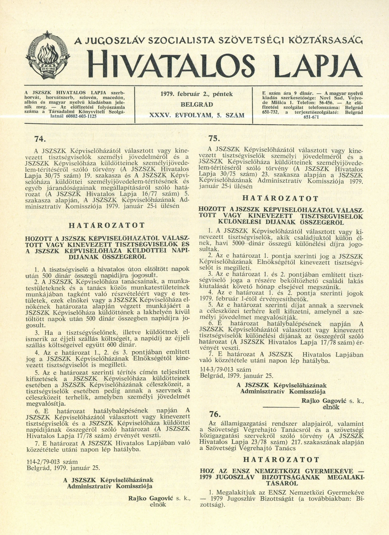 A Jugoszláv Szocialista Szövetségi Köztársaság Hivatalos Lapja, 35. évf. 1979. február 2. 5. sz. 153–176. oldal