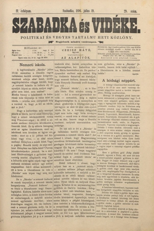 Szabadka és vidéke II, 4. évf. 1896. július 19. 29. sz.