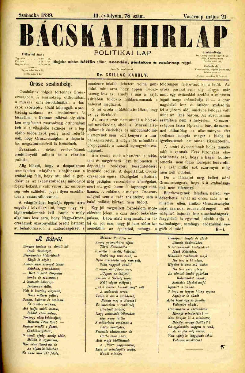 Bácskai Hirlap, 3. évf. 1899. május 21. 78. sz.