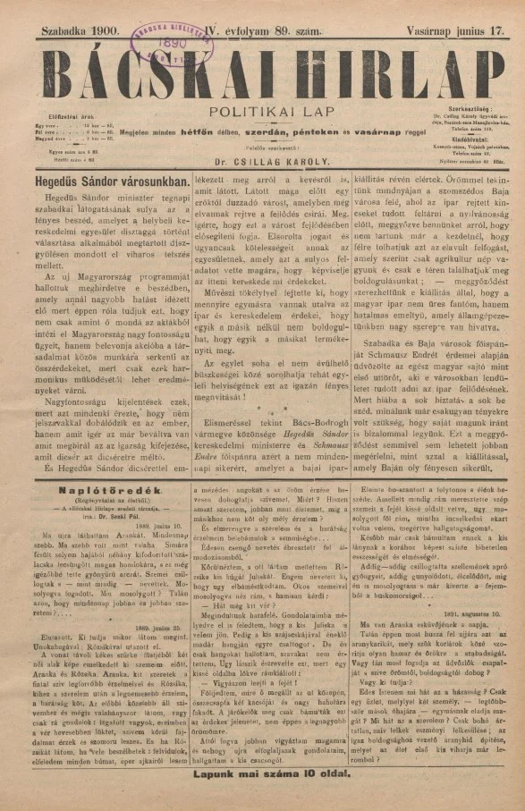 Bácskai Hirlap, 4. évf. 1900. június 17. 89. sz.
