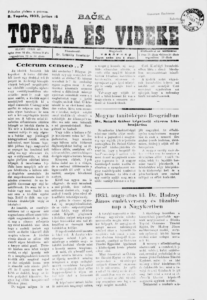 Bačka Topola és Vidéke, 10. évf. 1933. július 16. 29. sz.