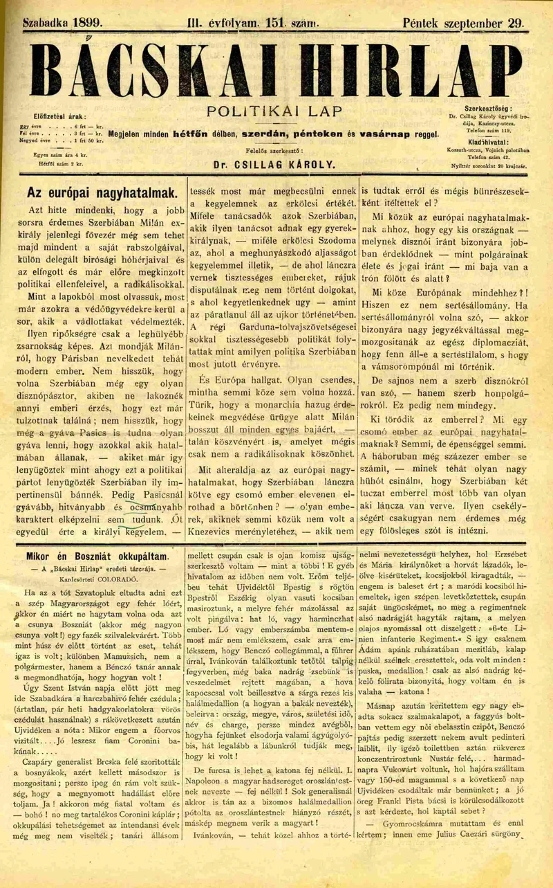 Bácskai Hirlap, 3. évf. 1899. szeptember 29. 151. sz.
