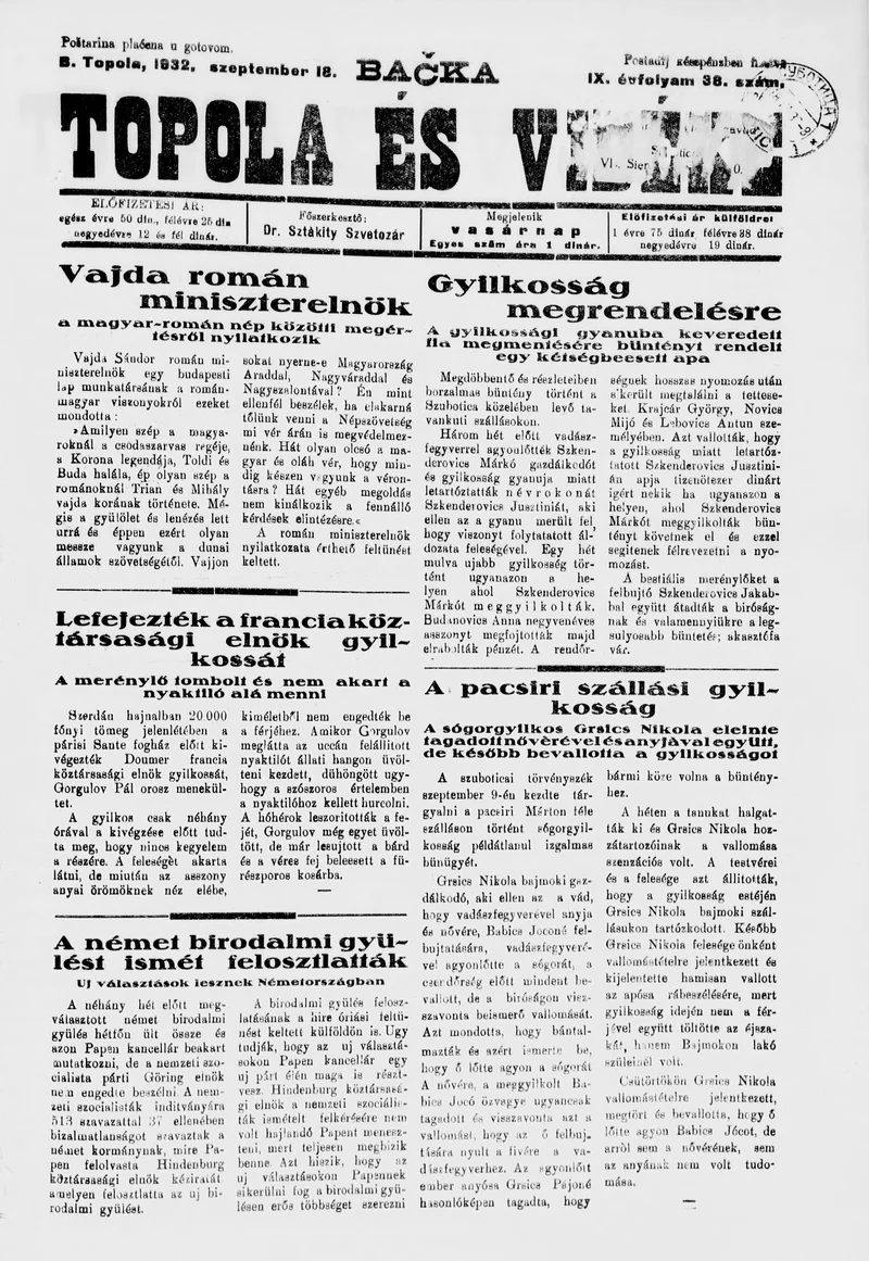 Bačka Topola és Vidéke, 9. évf. 1932. szeptember 18. 38. sz.