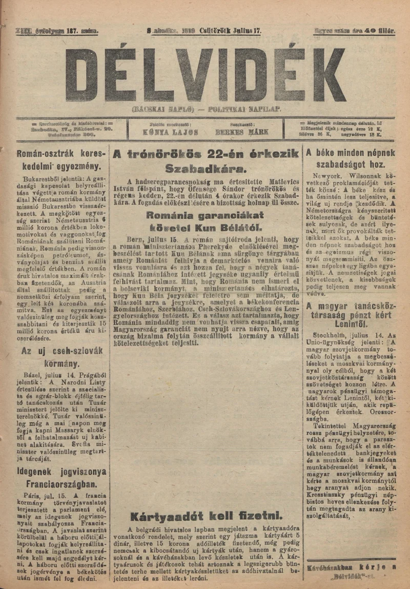 Délvidék, 13. évf. 1919. július 17. 137. sz.