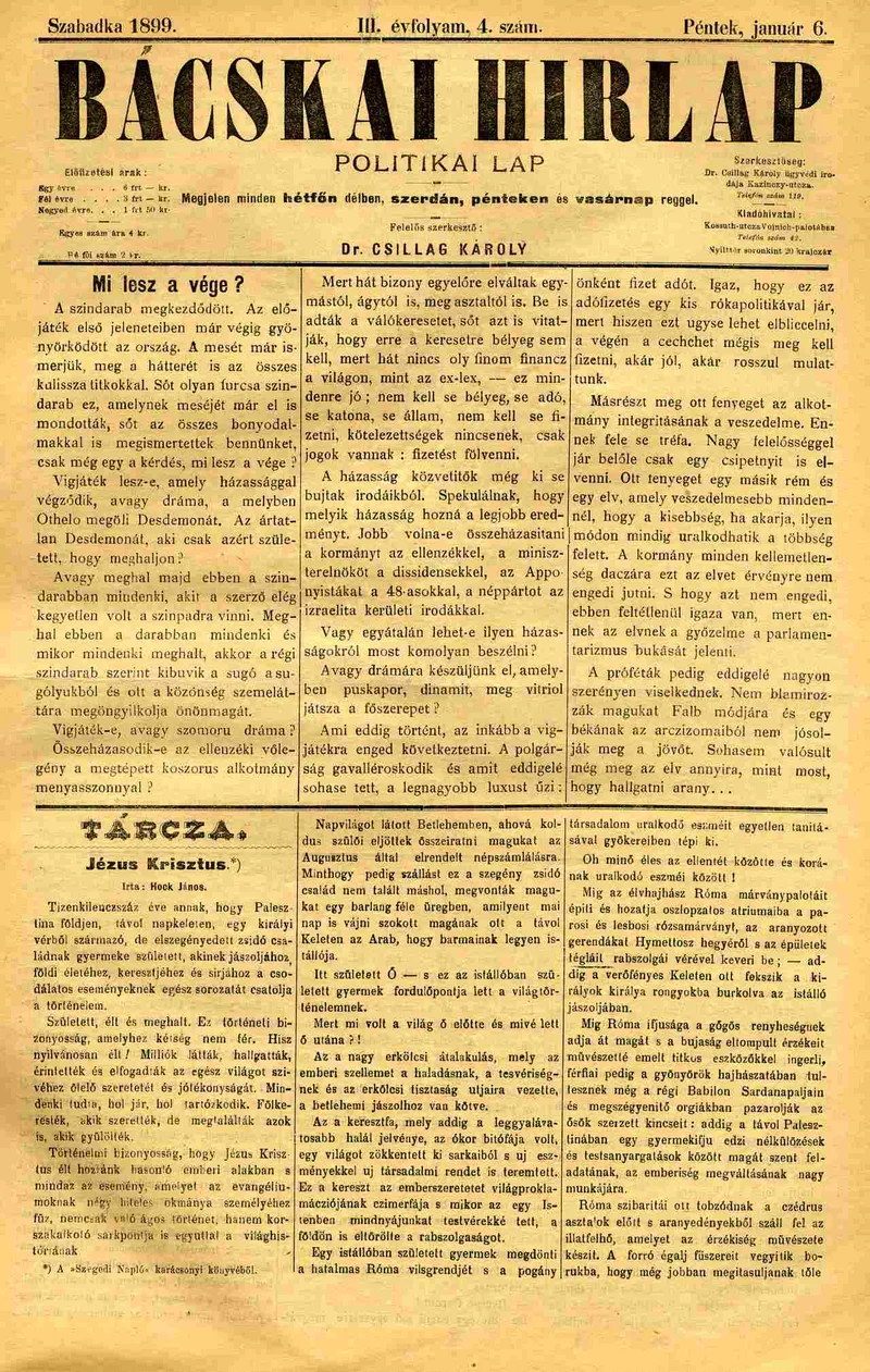 Bácskai Hirlap, 3. évf. 1899. január 6. 4. sz. 1–4. oldal