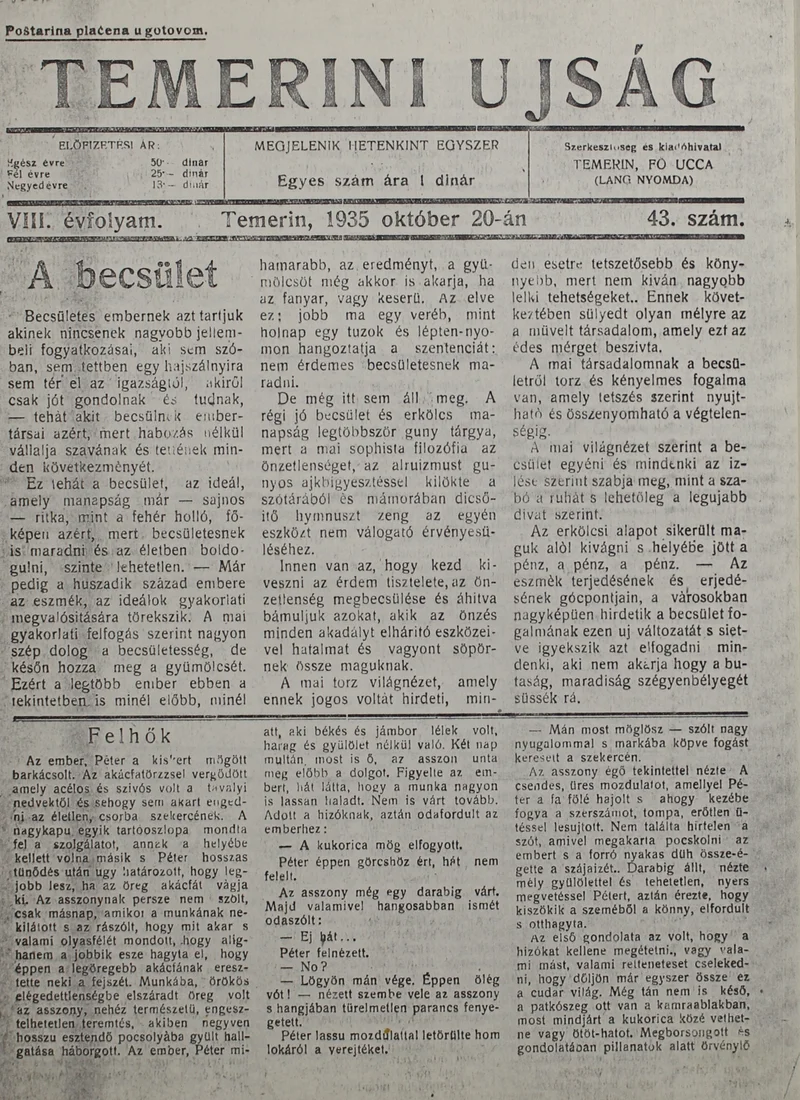 Temerini Újság 1928-1944, 8. évf. 1935. október 20. 43. sz.