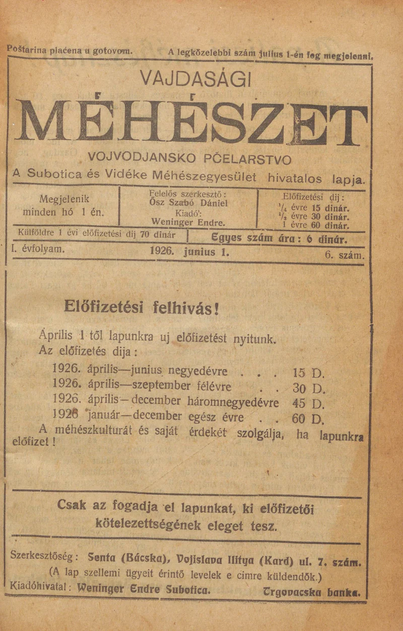 Vajdasági méhészet, 1. évf. 1926. június 1. 6. sz.