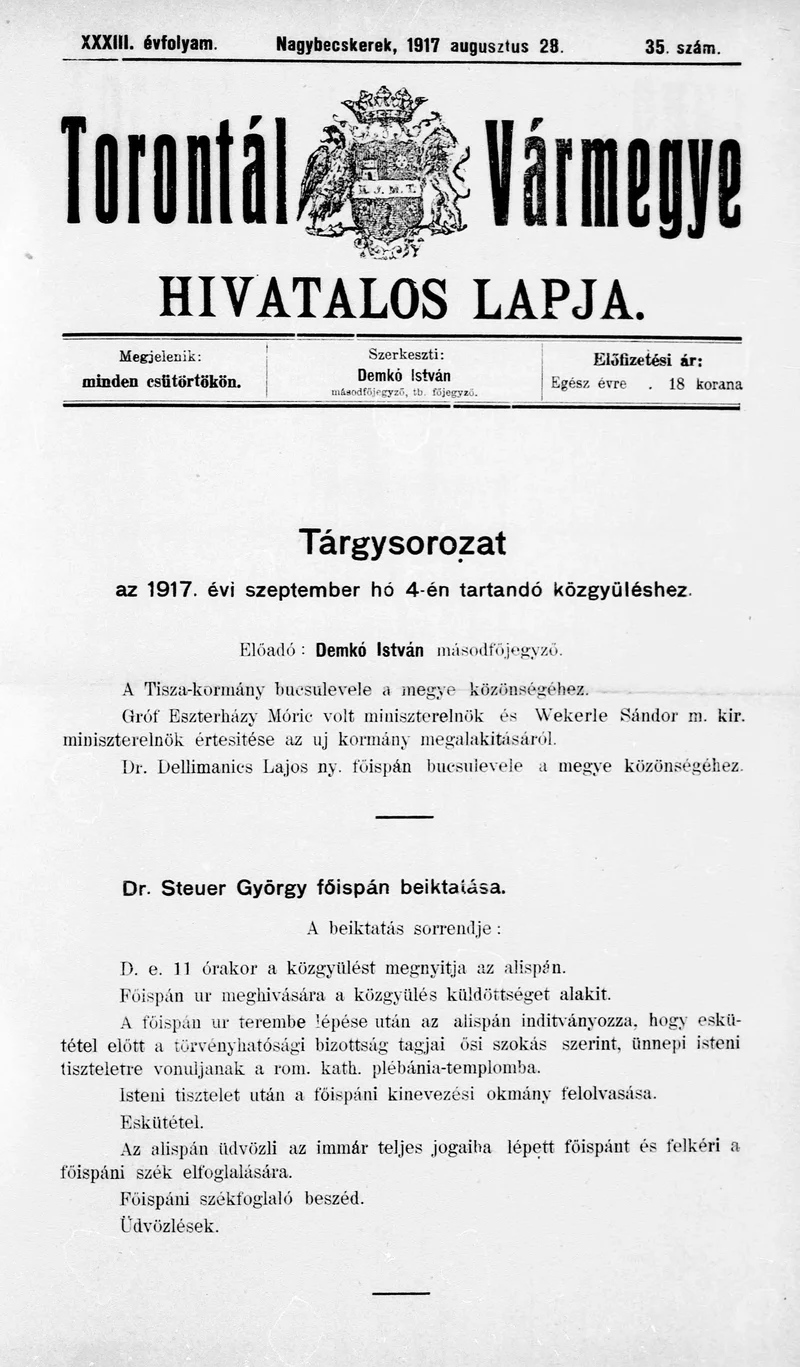 Torontál Vármegye Hivatalos Lapja, 33. évf. 1917. augusztus 28. 35. sz.