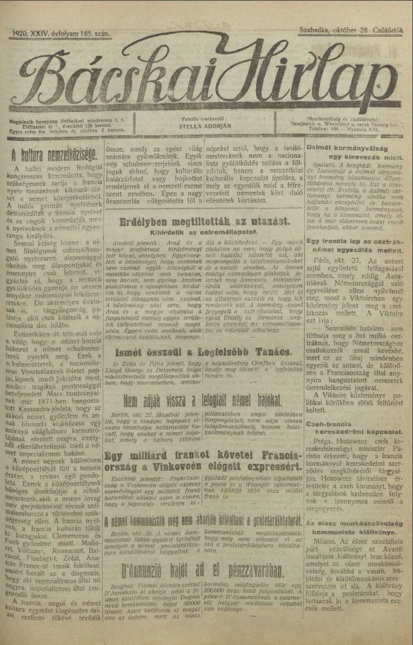 Bácskai Hirlap, 24. évf. 1920. október 28. 185. sz.